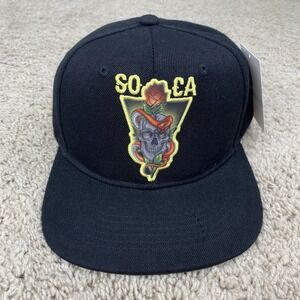 Ring Of Fire SoCal Hat Skull Rose Serpent Patch Logo Black Snap Back Cap‎ NWT